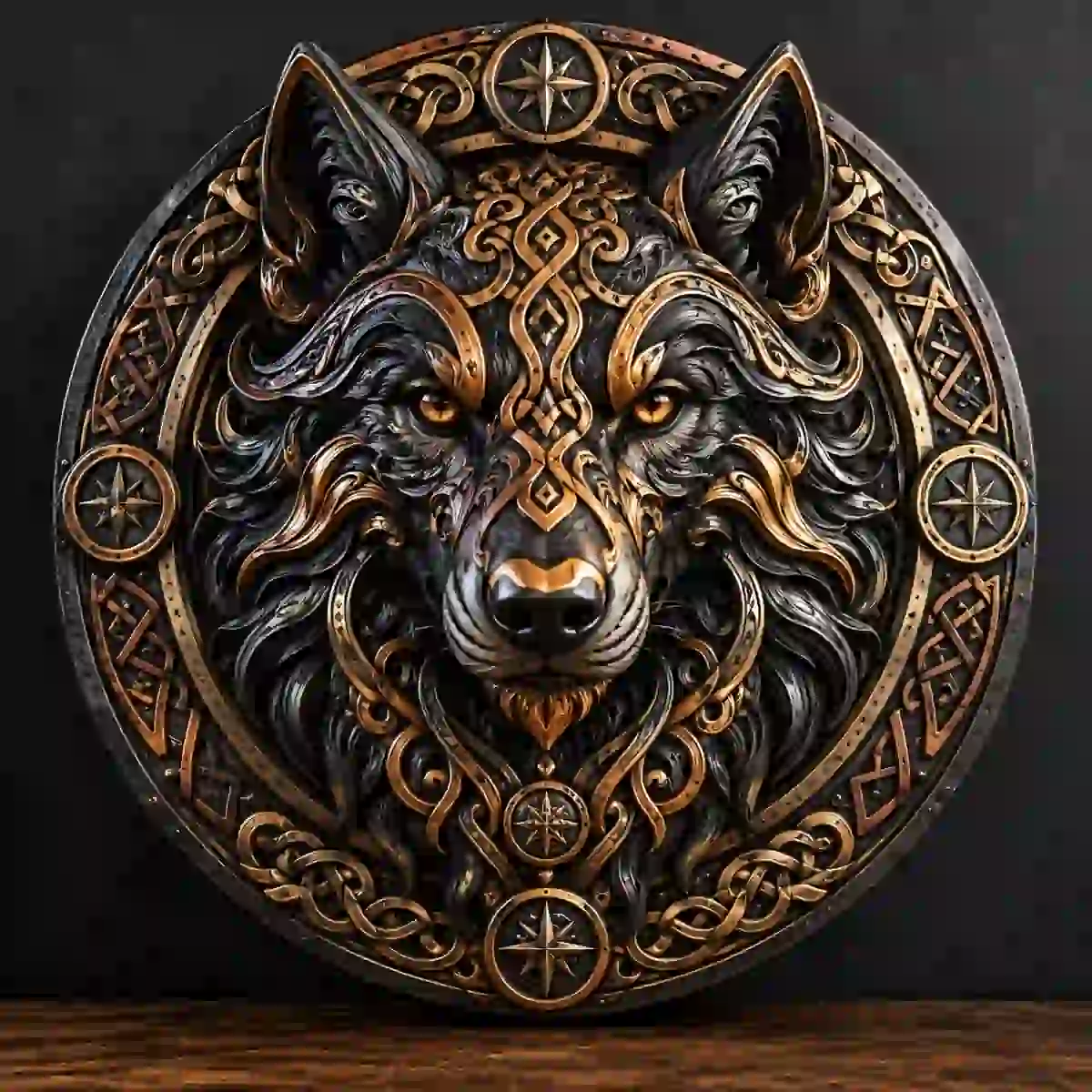 Detailed Celtic wolf crest medallion in black, bronze and gold