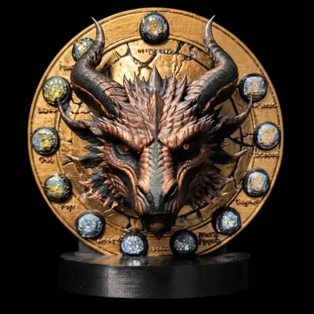 Decorative 3D printed dragon medallion on a stand