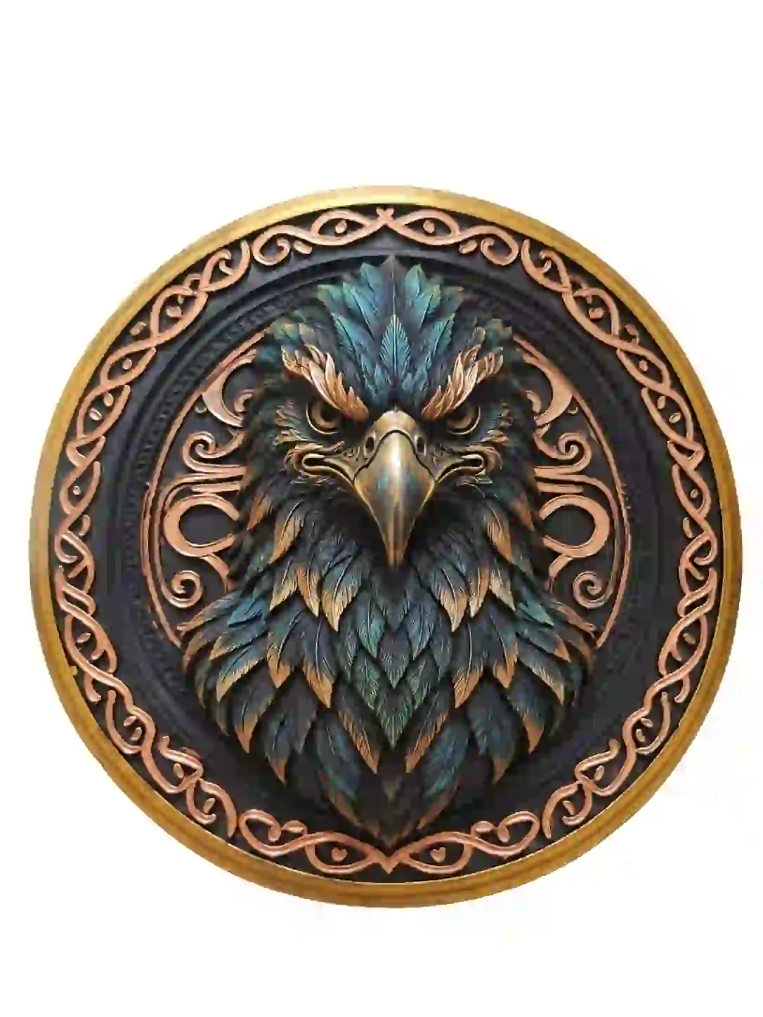 Painted eagle crest medallion with copper, teal, black and gold details