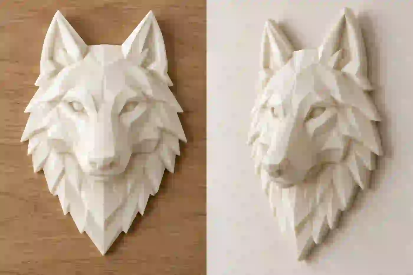 White geometric wolf head wall-mounted in two views