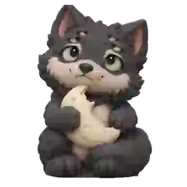 Cute gray wolf character holding a crescent moon