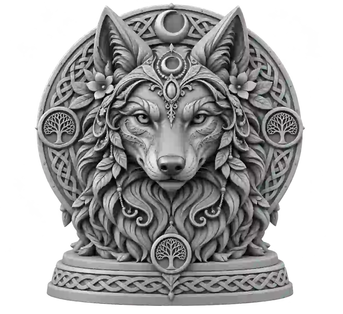 Silver ornate wolf medallion with crescent moon and tree emblems
