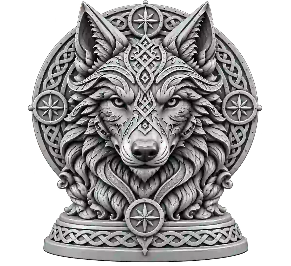 Silver ornate wolf medallion with North Star and Celtic knot details